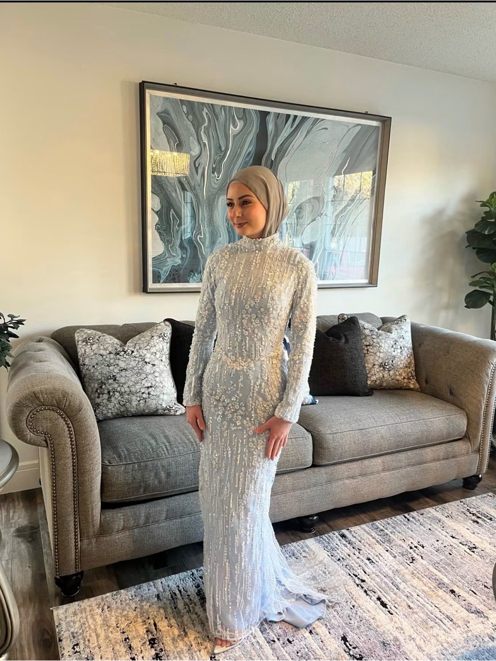 Elegant Silver Beaded Long-Sleeve Evening Dress